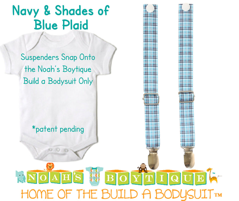 Navy & Shades of Blue Plaid Noah's Boytique Bodysuit Suspenders - Snap on Suspenders - Suspender Outfit - Baby Suspenders - Navy - Aqua - Noah's Boytique Suspenders - Baby Boy First Birthday Outfit