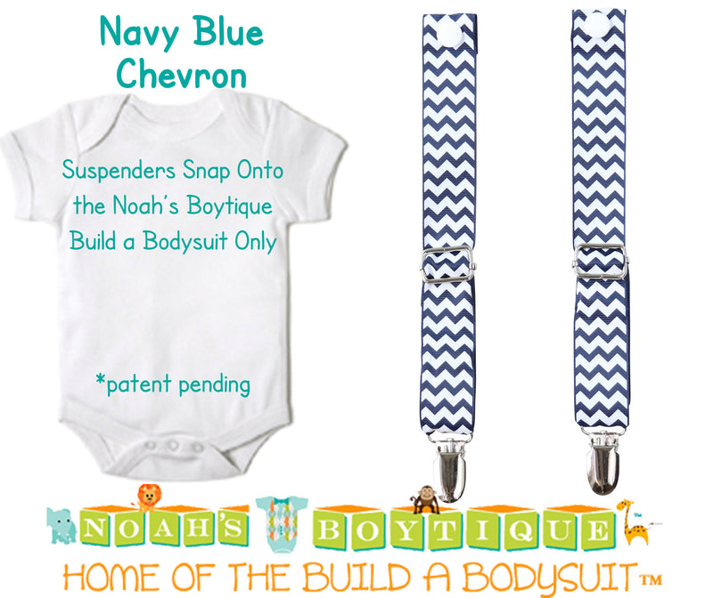 Navy Blue Chevron Noah's Boytique Bodysuit Suspenders - Snap on Suspenders - Suspender Outfit - Baby Suspenders - Newborn Suspender - Noah's Boytique Suspenders - Baby Boy First Birthday Outfit