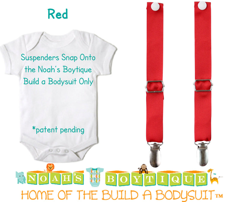 Red Noah's Boytique Bodysuit Suspenders - Snap On - Suspender Outfit - Baby Suspenders - Newborn Suspenders - Interchangeable