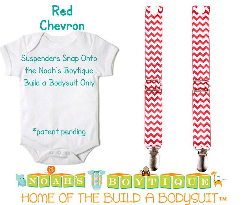 Red Chevron Noah's Boytique Bodysuit Suspenders - Snap On - Suspender Outfit - Baby Suspenders - Newborn Suspenders - Interchangeable - Noah's Boytique Suspenders - Baby Boy First Birthday Outfit
