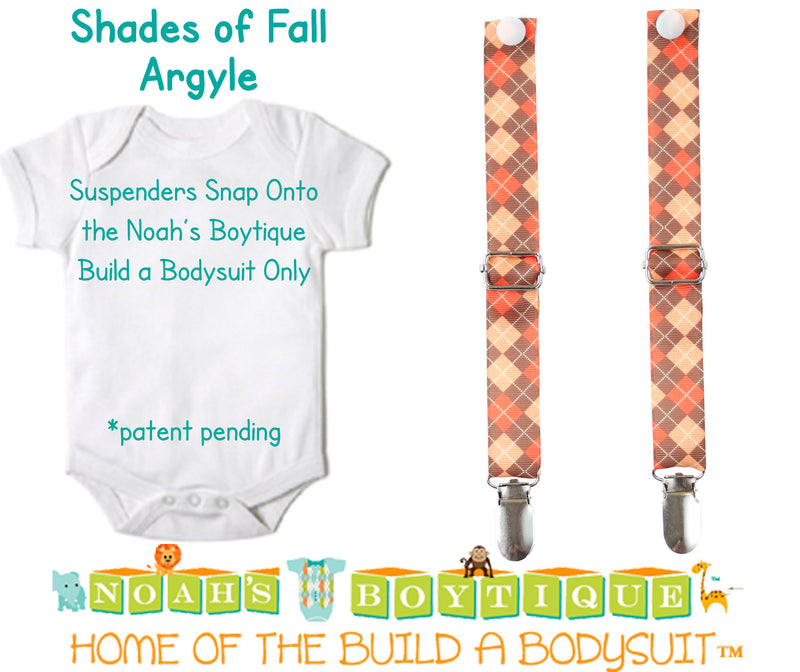 Shades of Fall Argyle Noah's Boytique Bodysuit Suspenders - Snap On - Suspender Outfit - Baby Suspenders - Newborn - Interchangeable