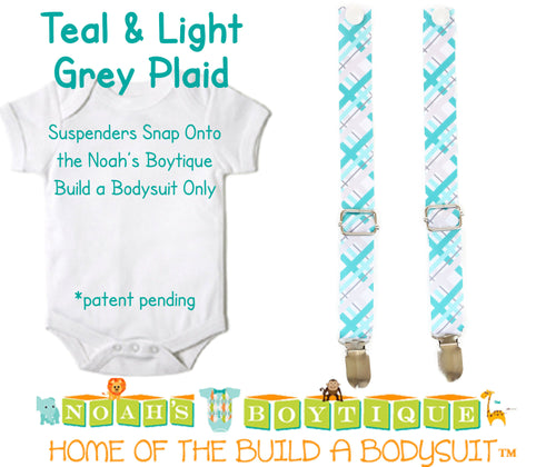 Teal and Light Grey Plaid Noah's Boytique Bodysuit Suspenders - Snap on Suspenders - Suspender Outfit - Baby Suspenders - Noah's Boytique Suspenders - Baby Boy First Birthday Outfit