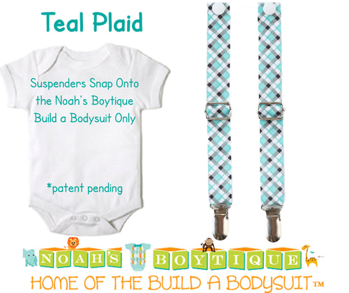 Teal Plaid Noah's Boytique Bodysuit Suspenders - Snap on Suspenders - Suspender Outfit - Baby Suspenders - Plaid - Teal - Grey - Black