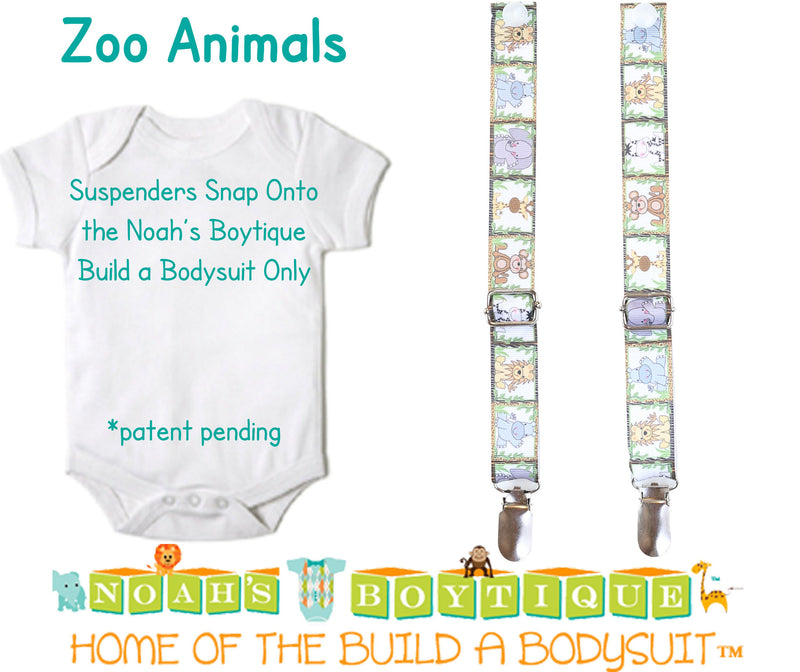 Zoo Animals Noah's Boytique Bodysuit Suspenders - Snap On - Suspender Outfit - Baby Suspenders - Newborn - Interchangeable - Zoo party