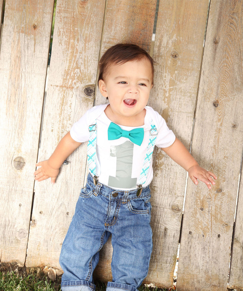 Boys First Birthday Outfit - Number One Outfit - Teal Plaid Suspender Bow Tie - Teal Grey Gray Plaid - 1st Birthday - Cake Smash - 1st