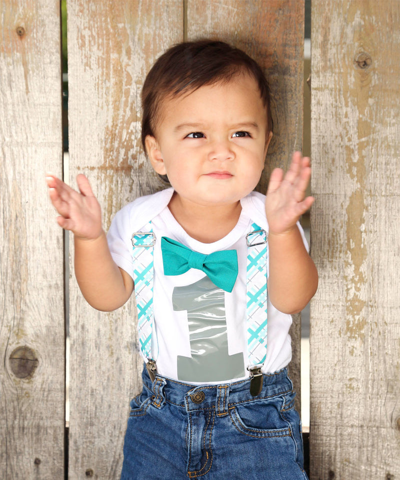 Boys First Birthday Outfit - Number One Outfit - Teal Plaid Suspender Bow Tie - Teal Grey Gray Plaid - 1st Birthday - Cake Smash - 1st