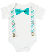 Boys First Birthday Outfit - Number One Outfit - Teal Plaid Suspender Bow Tie - Teal Grey Gray Plaid - 1st Birthday - Cake Smash - 1st - Noah's Boytique  - Baby Boy First Birthday Outfit