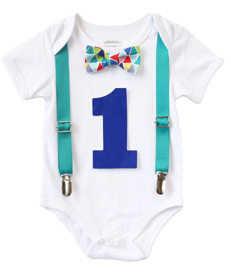 Teal Blue Red Baby Boy First Birthday Outfit - Birthday Shirt - Cute First Birthday Outfits for Boys - Bow Tie and Suspenders - I'm One -1st