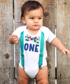 First Birthday Outfits Boy with One - Teal Suspenders and Colorful Geometric Print Bow Tie - First Birthday Shirt Boy - Cake Smash Outfit -first birthday onesie personalized blue teal red