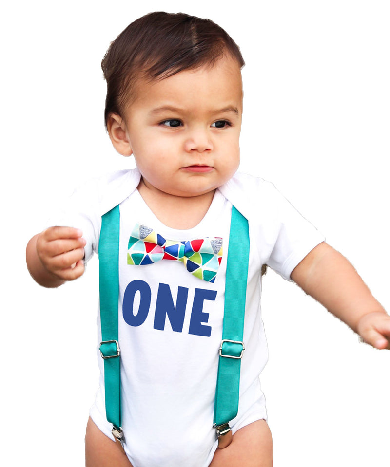 First Birthday Outfits Boy with One - Teal Suspenders and Colorful Geometric Print Bow Tie - First Birthday Shirt Boy - Cake Smash Outfit -first birthday onesie personalized blue teal red