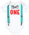 First Birthday Outfits Boy with One - Teal Suspenders and Colorful Geometric Print Bow Tie - First Birthday Shirt Boy - Cake Smash Outfit -first birthday onesie personalized