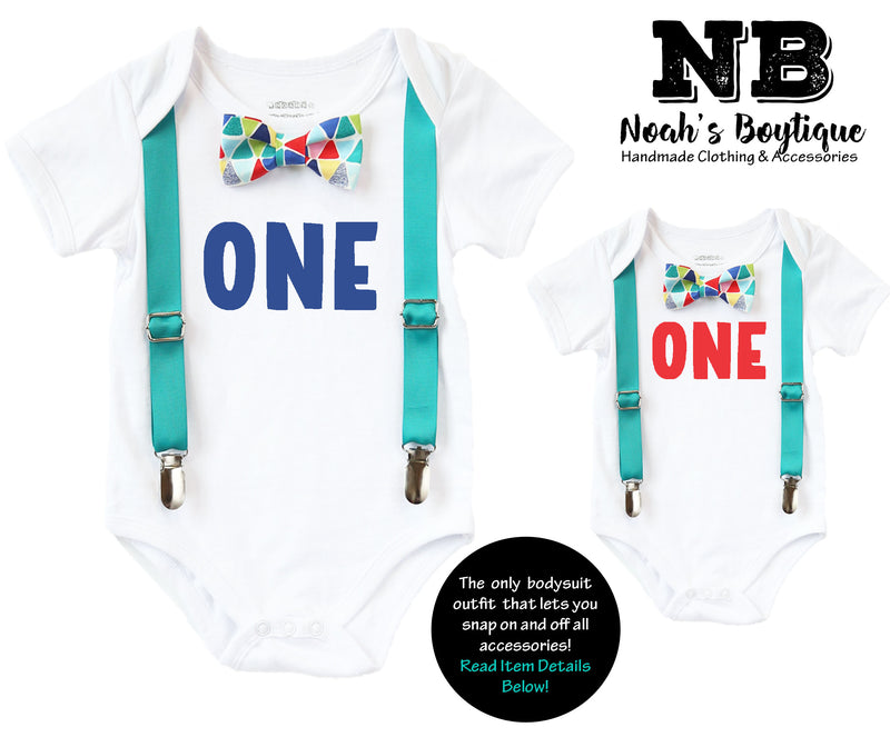 First Birthday Outfits Boy with One - Teal Suspenders and Colorful Geometric Print Bow Tie - First Birthday Shirt Boy - Cake Smash Outfit -first birthday onesie personalized