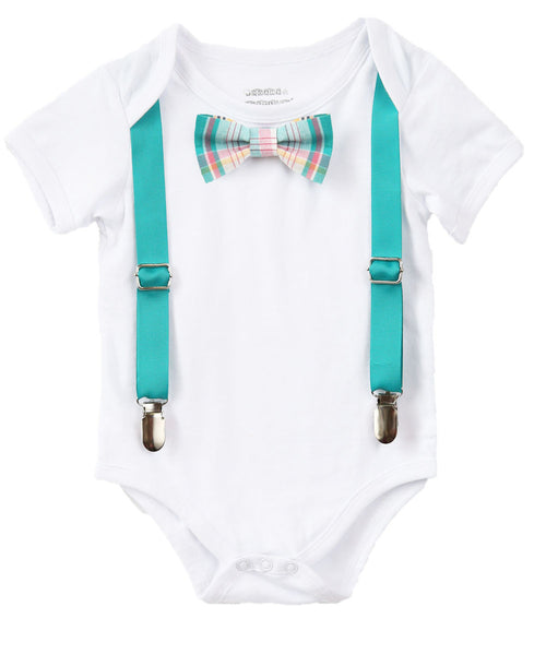 Baby Boy Clothes With Tie and Suspenders - Toddler Boy - Hipster Shirt - Teal Plaid Tie - Spring Outfit - Newborn - Infant - Wedding Outfit - Noah's Boytique - Noahs Boytique