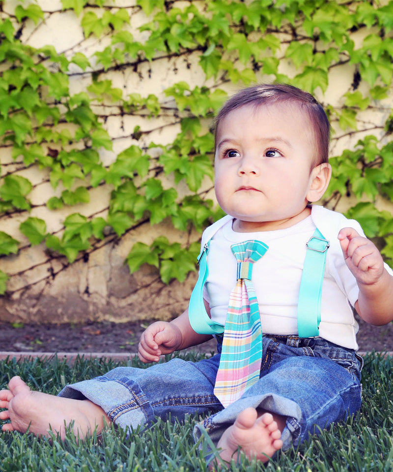 Baby Boy Clothes With Tie and Suspenders - Toddler Boy - Hipster Shirt - Teal Plaid Tie - Spring Outfit - Newborn - Infant - Wedding Outfit - Noah's Boytique - Noahs Boytique Tie Suspender Onesie Newborn Boy Clothes for Summer Spring Easter Outfit