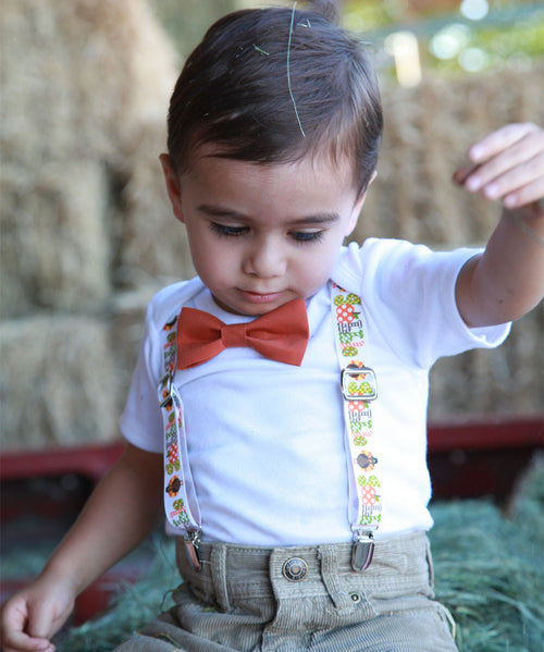 bay boy thanksgiving outfit with suspenders and bow tie gobble orange turkey fall photos outfit for baby boys