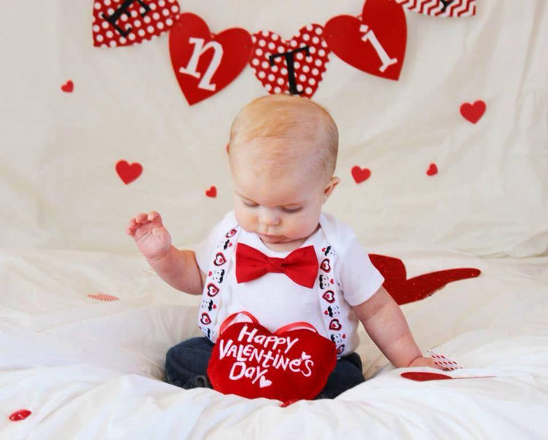 Baby Boy Valentines Day Outfit - Valentine's Day Shirt - Newborn Boy - Toddler Boy - Love Mom - Tie and Suspenders - First Valentines Day - Newborn Valentines Day - Hearts - Mustaches - Noah's Boytique - CupcakeMag