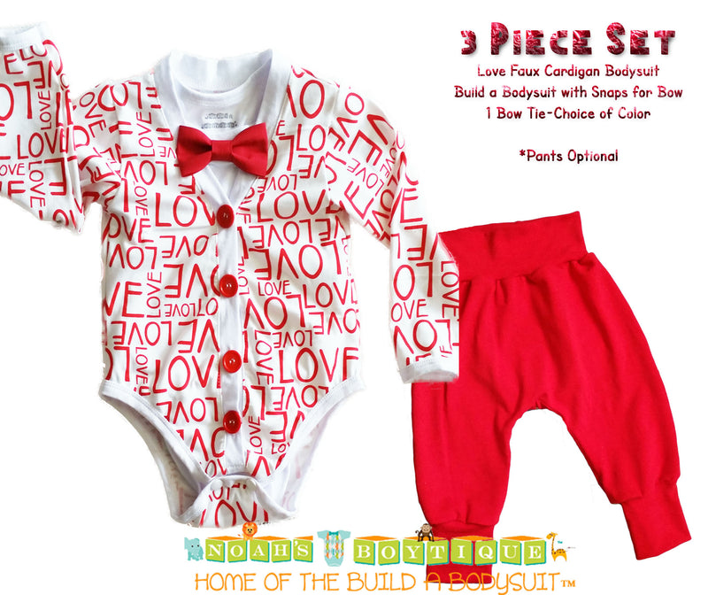 Baby Boy Valentines Love Cardigan Outfit with Red Bow Tie - Cardigan Bodysuit - Cute Valentines Outfits for Boys - First Valentines Day - Cardigan Onesie - Valentines Onesie Baby Boy