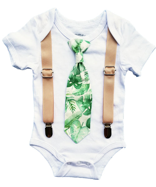 Baby Boy Summer Clothes - Palm Tree Ferns - Luau Baby Shower Gift - Hawaiian Party - First Birthday Outfit Boy - Tropical Shirt - Bow Tie - Summer Onesie - Tie Onesie