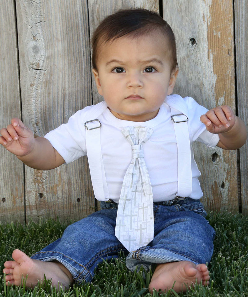 Baptism Outfits for Boys - Baby Boy Baptism Outfit - Cross Tie - Silver - White - Grey - Christening - Dedication - Baptism Suit - Newborn - Noah's Boytique Bodysuit - Baby Boy First Birthday Outfit