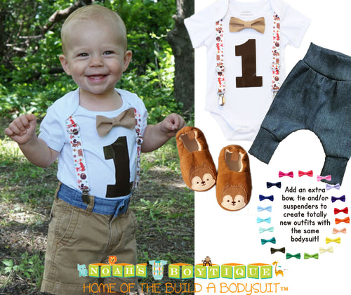 Woodland First Birthdady Shirt - Fox Birthday Outfit - Forest Animals - First Birthday - 1st - Suspenders - Bow - Animals - Baby Shower - Woodland Theme