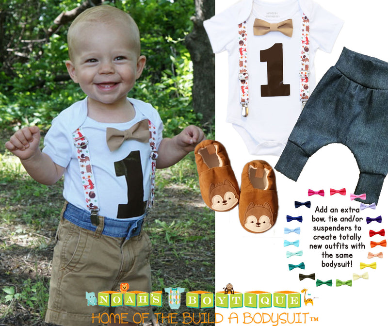 Woodland First Birthdady Shirt - Fox Birthday Outfit - Forest Animals - First Birthday - 1st - Suspenders - Bow - Animals - Baby Shower - Woodland Theme